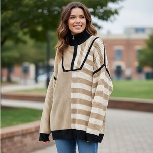 Staud Medium Sahara Striped Hampton Sweater Half Zip Neutral Oversized 0001